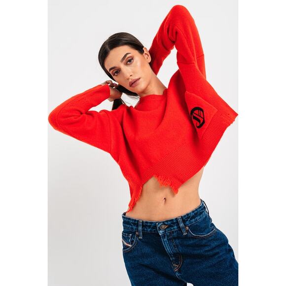 EUC Diesel Red Cropped Wool Cashmere Sweater Distressed Hem Logo Pocket Sz Small - Picture 16 of 16